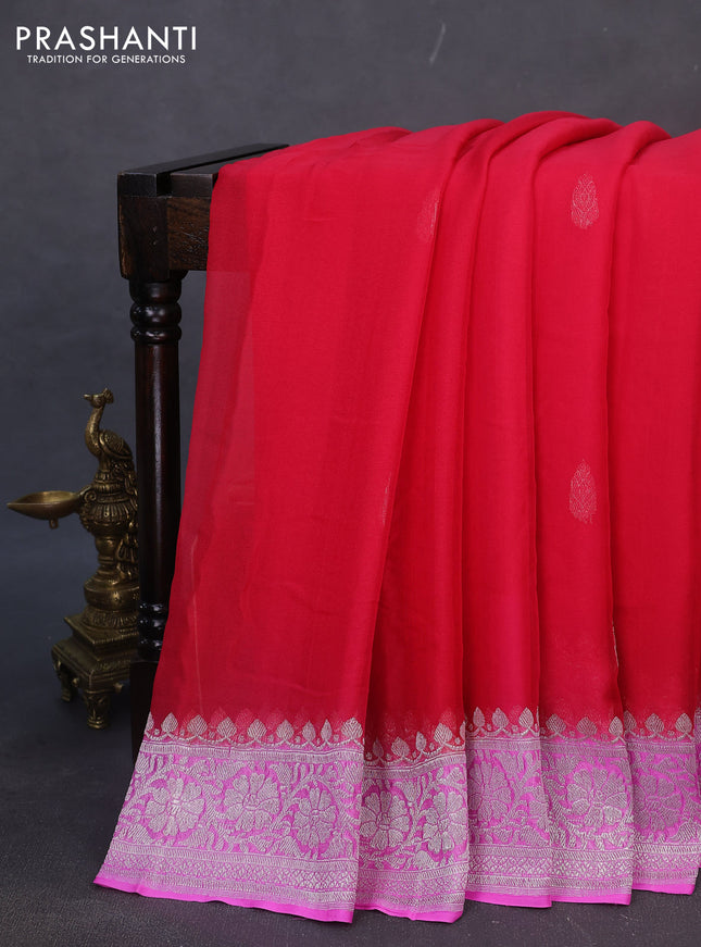 Banarasi chiffon silk saree red and light pink with silver zari woven buttas and silver zari woven border