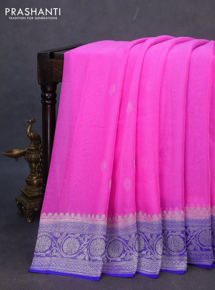 Banarasi chiffon silk saree light pink and royal blue with silver zari woven buttas and silver zari woven border