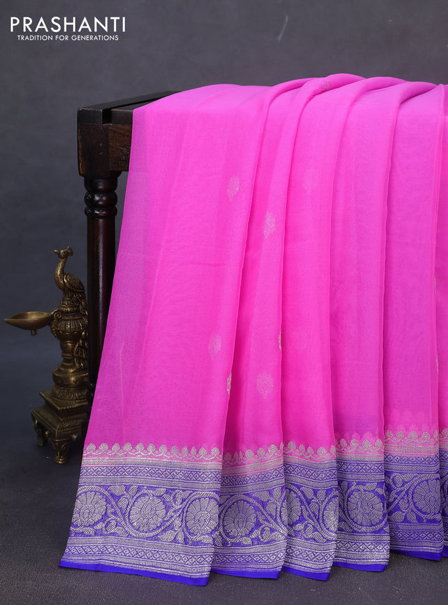 Banarasi chiffon silk saree light pink and royal blue with silver zari woven buttas and silver zari woven border