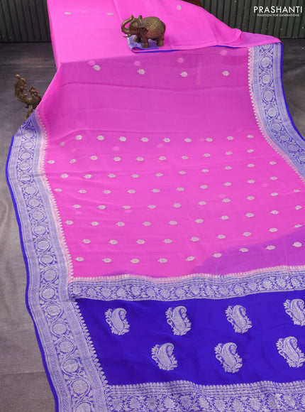 Banarasi chiffon silk saree light pink and royal blue with silver zari woven buttas and silver zari woven border