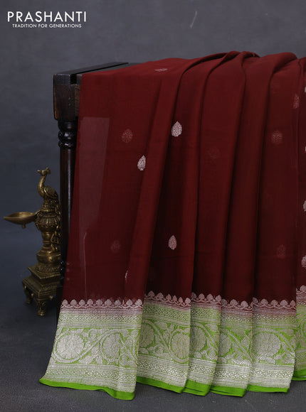 Banarasi chiffon silk saree coffee brown and light green with silver zari woven buttas and silver zari woven border