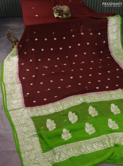 Banarasi chiffon silk saree coffee brown and light green with silver zari woven buttas and silver zari woven border
