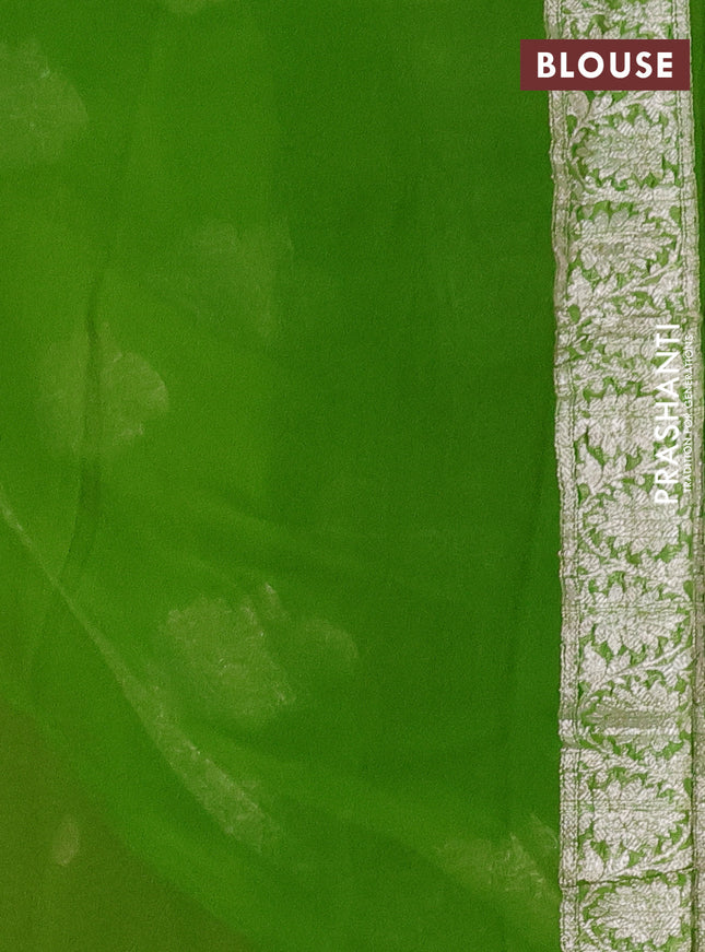 Banarasi chiffon silk saree coffee brown and light green with silver zari woven buttas and silver zari woven border