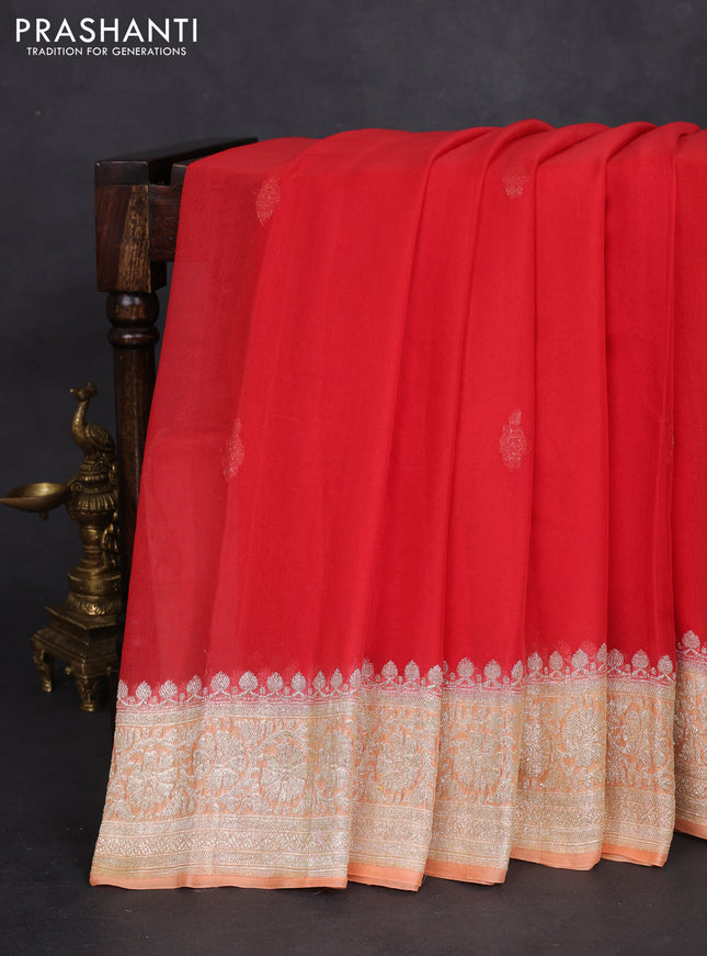 Banarasi chiffon silk saree red and pale orange with silver zari woven buttas and silver zari woven border