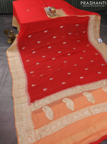 Banarasi chiffon silk saree red and pale orange with silver zari woven buttas and silver zari woven border