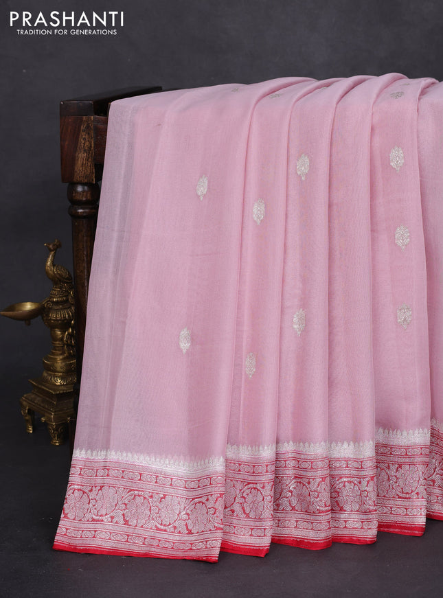 Banarasi chiffon silk saree pastel pink and red with silver zari woven buttas and floral silver zari woven border