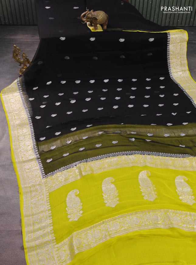 Banarasi chiffon silk saree black and yellow with paisley silver zari woven buttas and floral silver zari woven border