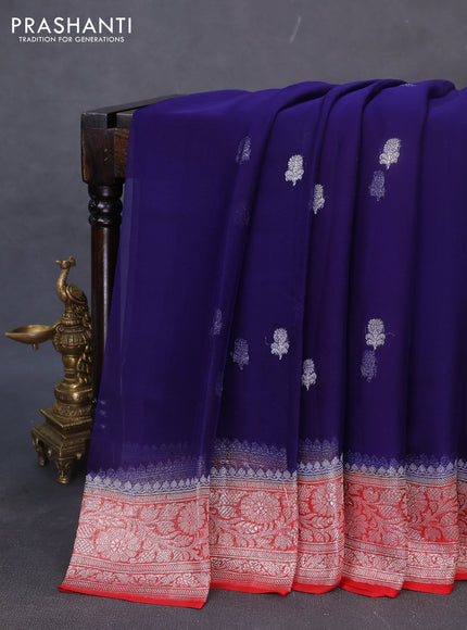Banarasi chiffon silk saree blue and red with silver zari woven buttas and floral silver zari woven border
