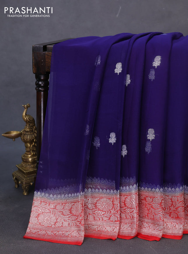 Banarasi chiffon silk saree blue and red with silver zari woven buttas and floral silver zari woven border