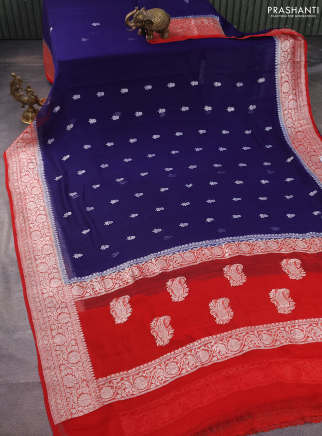 Banarasi chiffon silk saree blue and red with silver zari woven buttas and floral silver zari woven border