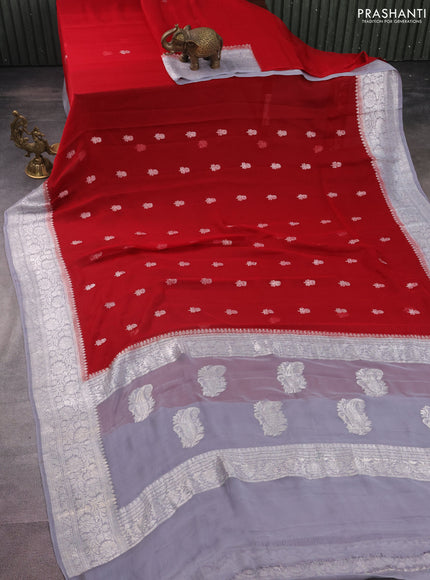 Banarasi chiffon silk saree red and grey with silver zari woven buttas and floral silver zari woven border