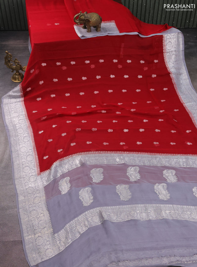 Banarasi chiffon silk saree red and grey with silver zari woven buttas and floral silver zari woven border