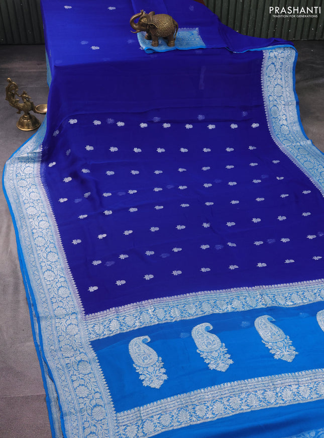 Banarasi chiffon silk saree royal blue and cs blue with silver zari woven buttas and silver zari woven border