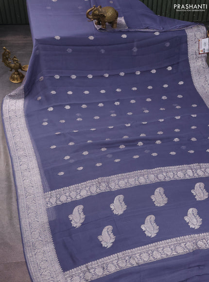 Banarasi chiffon silk saree grey with silver zari woven buttas and silver zari woven border