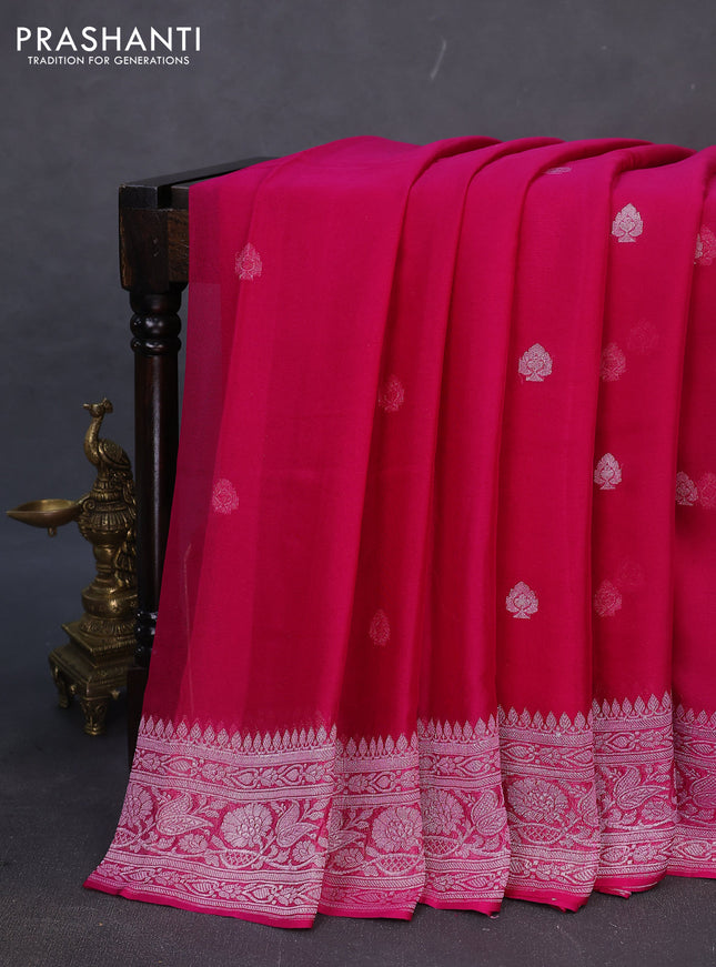 Banarasi chiffon silk saree magenta pink with silver zari woven buttas and silver zari woven border