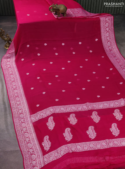 Banarasi chiffon silk saree magenta pink with silver zari woven buttas and silver zari woven border