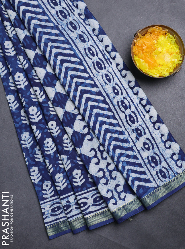 Jaipur cotton saree indigo blue with allover prints and printed border