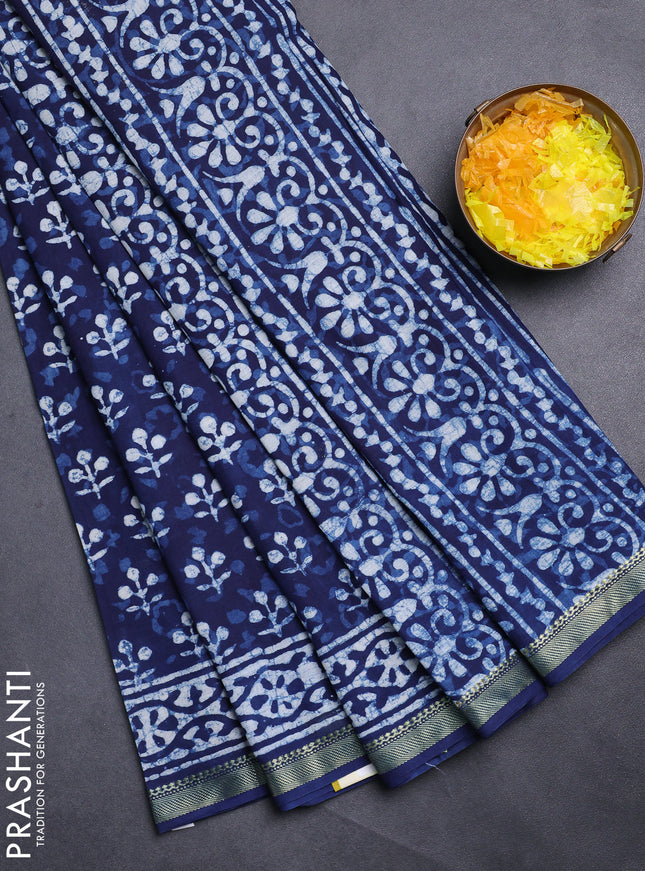 Jaipur cotton saree indigo blue with allover prints and printed border