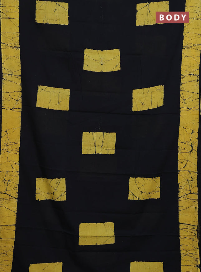 Jaipur cotton saree black and mustard yellow with batik prints and printed border