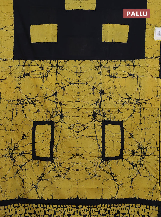Jaipur cotton saree black and mustard yellow with batik prints and printed border