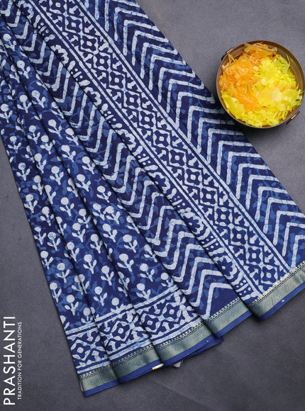Jaipur cotton saree indigo blue and white with allover dabu prints and printed border