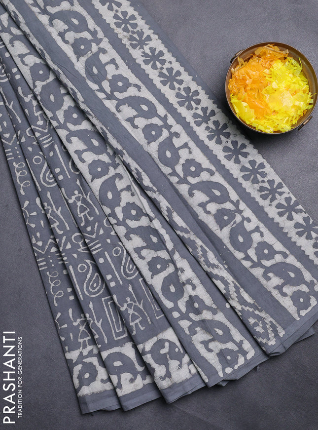 Jaipur cotton saree grey with allover warli and printed border