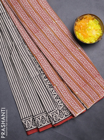 Jaipur cotton saree beige and black with allover stripe pattern and printed border