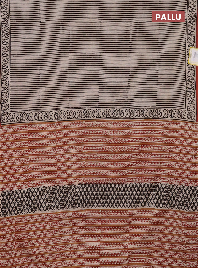 Jaipur cotton saree beige and black with allover stripe pattern and printed border