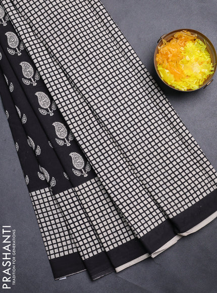 Jaipur cotton saree black and beige with allover paisley butta prints and printed border