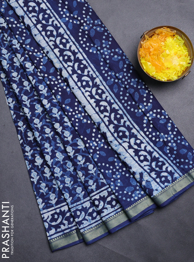 Jaipur cotton saree indigo blue with allover prints and printed border