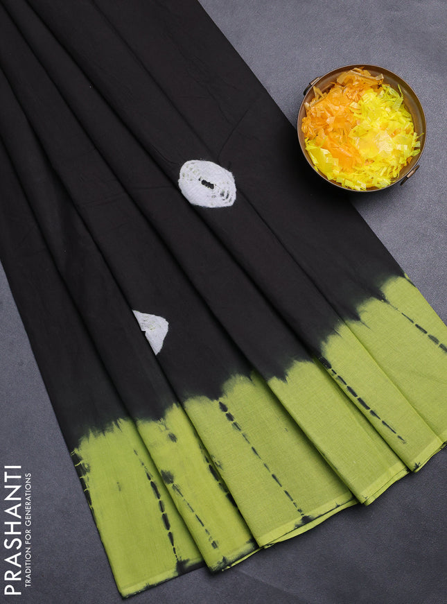 Jaipur cotton saree black and green with allover tie & dye prints in borderless style