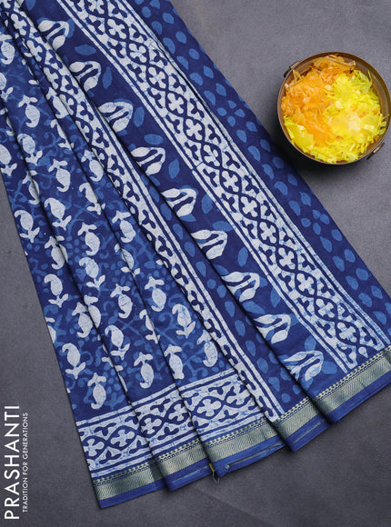 Jaipur cotton saree blue and off white with allover dabu prints and printed border