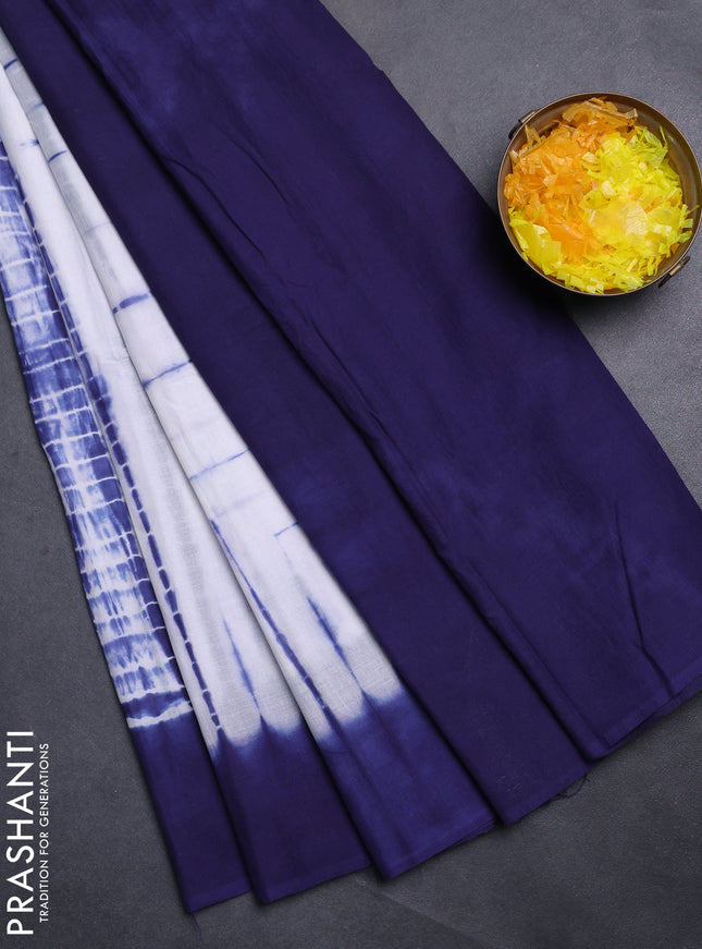 Jaipur cotton saree off white and dark blue with allover tie & dye prints and printed border