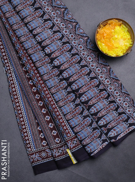 Jaipur cotton saree marron and dark navy blue with allover ajrakh prints and printed border