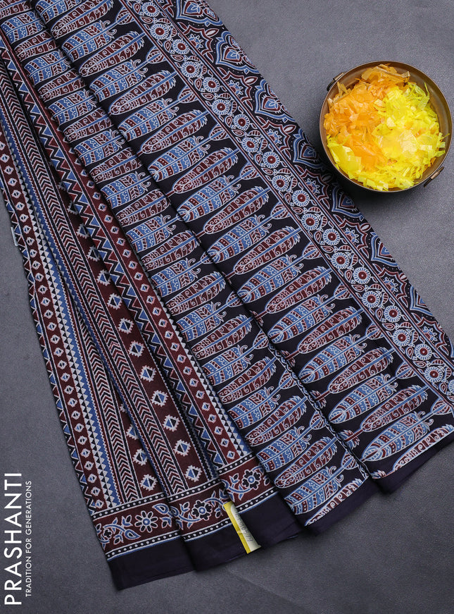 Jaipur cotton saree marron and dark navy blue with allover ajrakh prints and printed border