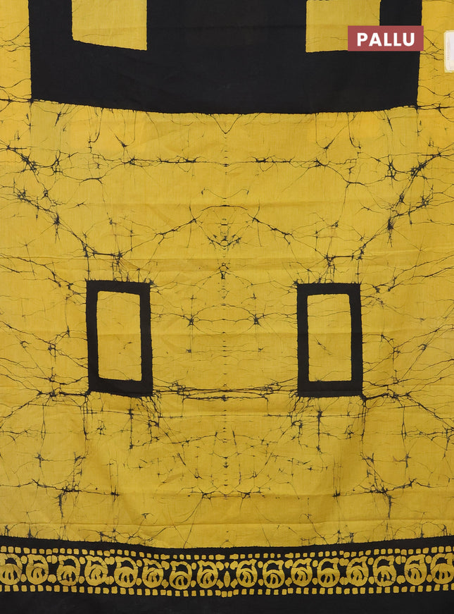 Jaipur cotton saree black and mustard yellow with batik prints and printed border
