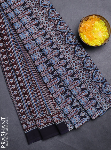 Jaipur cotton saree marron and dark navy blue with allover ajrakh prints and printed border