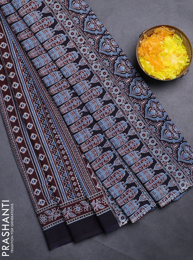 Jaipur cotton saree marron and dark navy blue with allover ajrakh prints and printed border