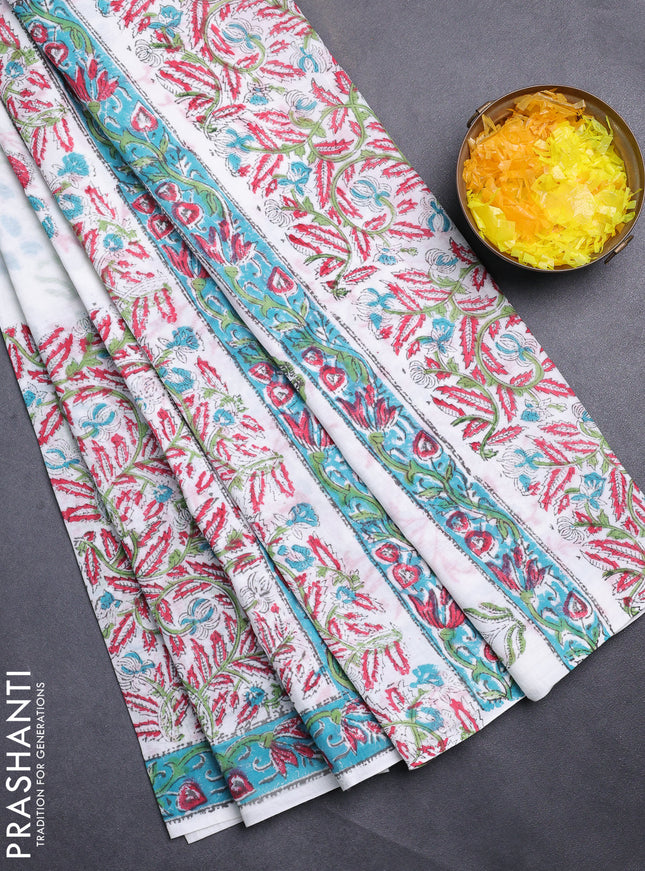 Jaipur cotton saree off white and teal blue with butta prints and printed border