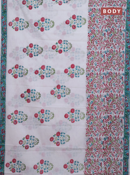 Jaipur cotton saree off white and teal blue with butta prints and printed border