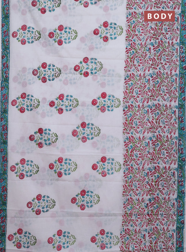 Jaipur cotton saree off white and teal blue with butta prints and printed border