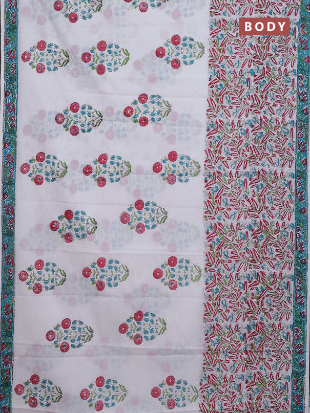 Jaipur cotton saree off white and teal blue with butta prints and printed border