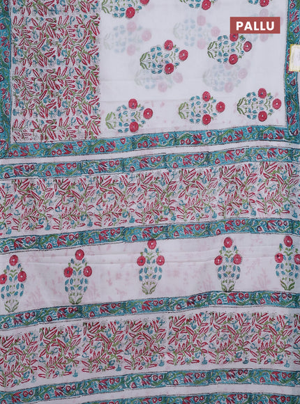 Jaipur cotton saree off white and teal blue with butta prints and printed border
