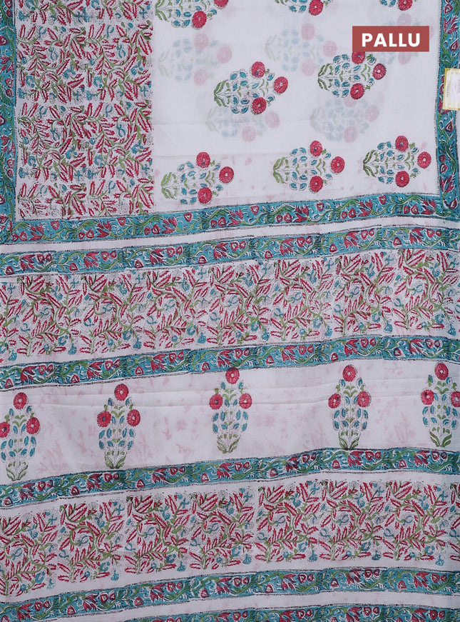 Jaipur cotton saree off white and teal blue with butta prints and printed border
