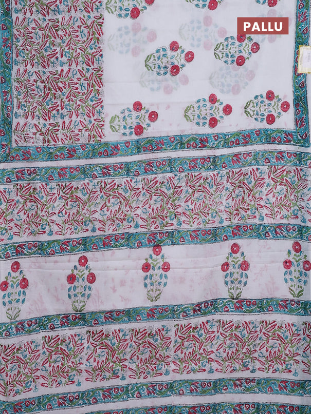 Jaipur cotton saree off white and teal blue with butta prints and printed border
