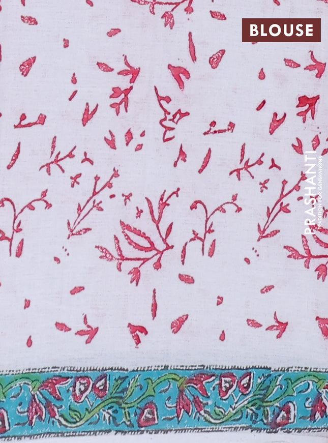 Jaipur cotton saree off white and teal blue with butta prints and printed border