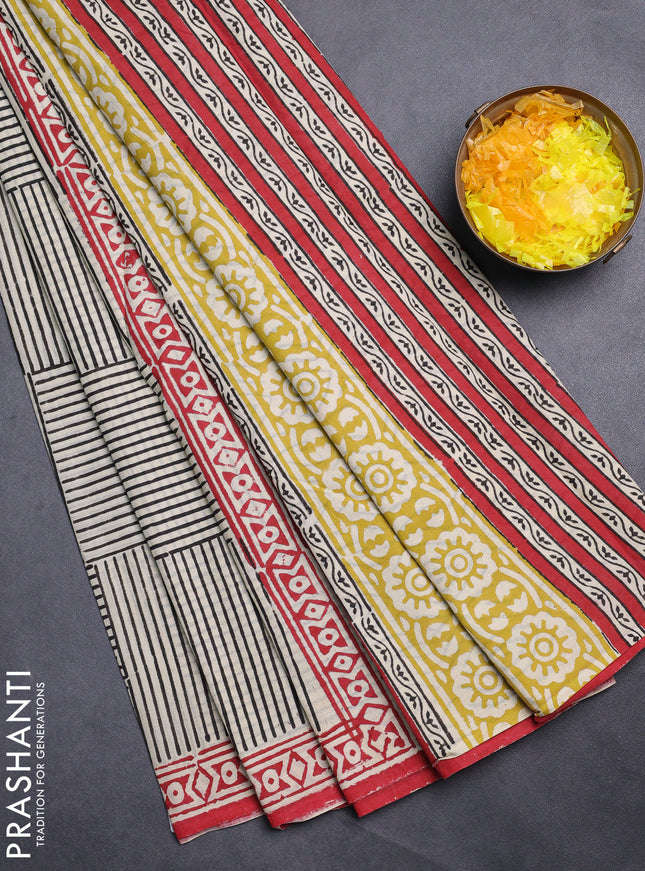 Jaipur cotton saree beige black and maroon with allover stripe pattern and printed border