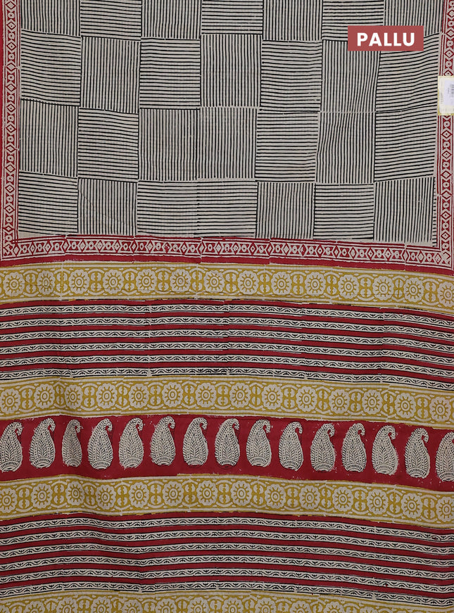 Jaipur cotton saree beige black and maroon with allover stripe pattern and printed border