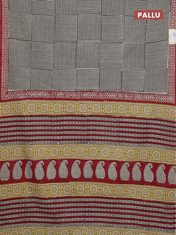 Jaipur cotton saree beige black and maroon with allover stripe pattern and printed border