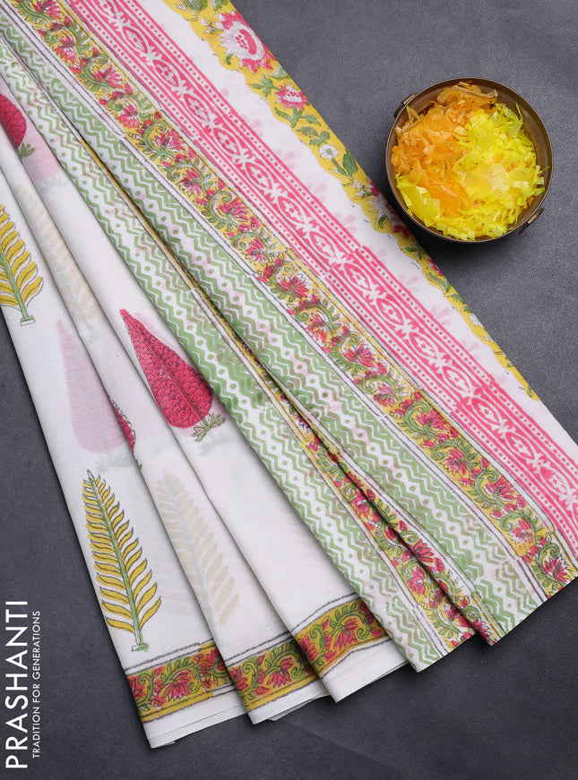 Jaipur cotton saree off white and yellow with butta prints and printed border